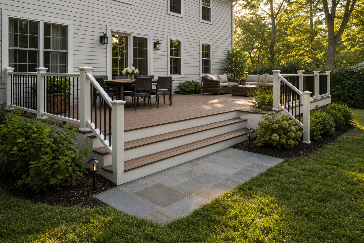 Brown composite deck with wide stairs and bluestone landing leading to a dining area — representative design concept
