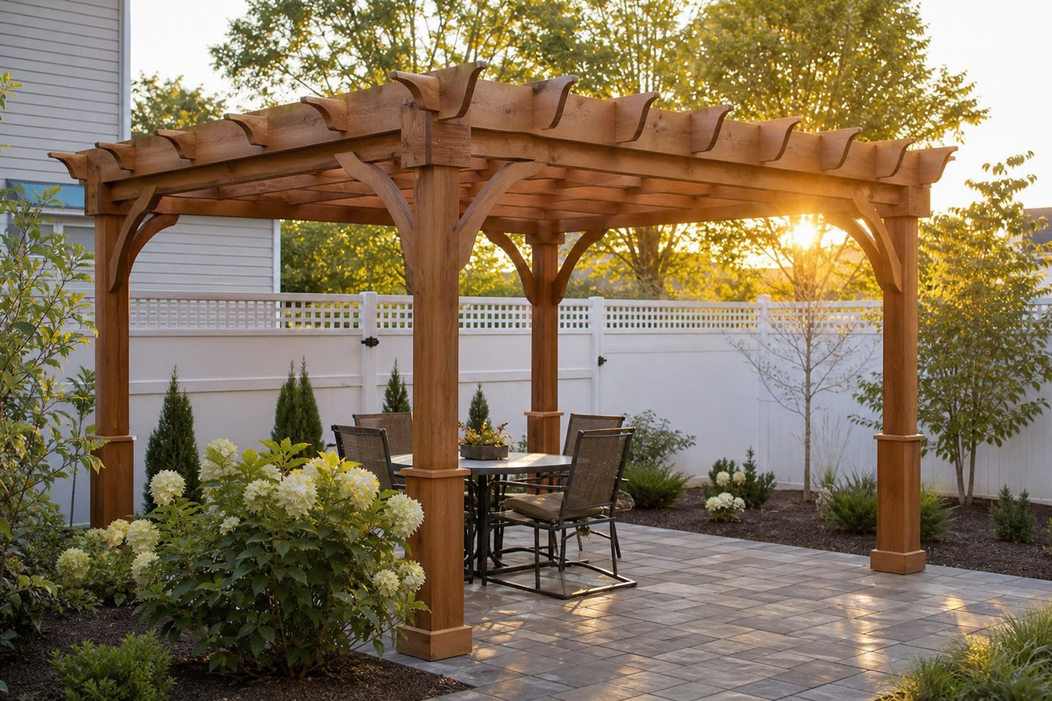Freestanding cedar pergola on a stone paver patio in a landscaped backyard — representative design concept