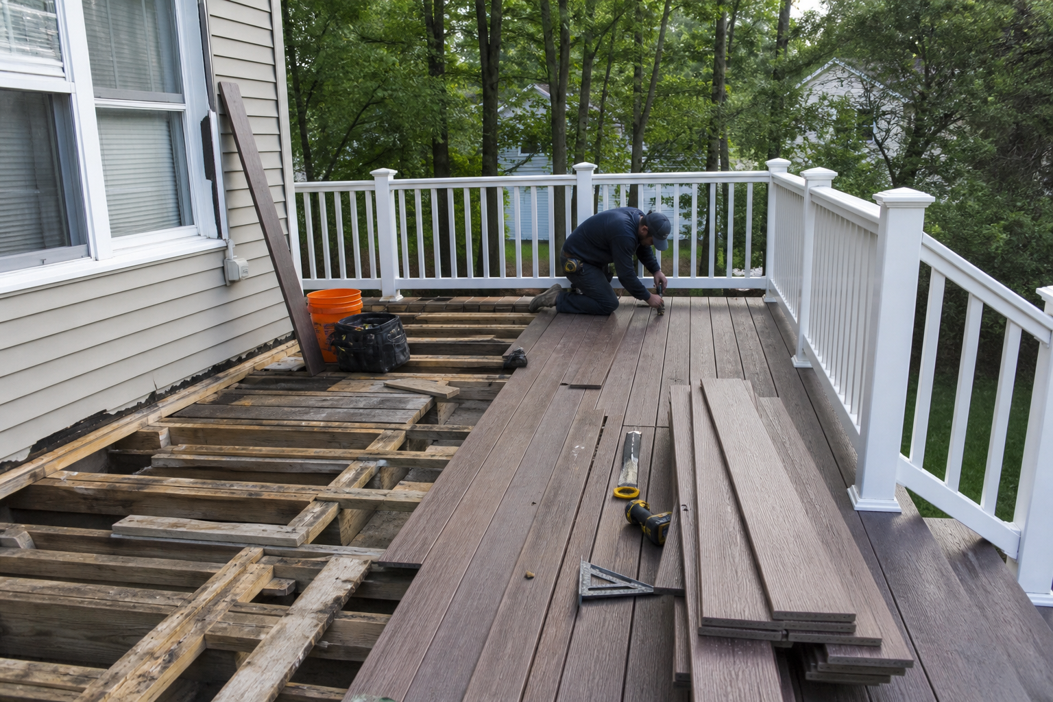 Craftsman replacing deck boards during a professional residential deck repair — representative design concept