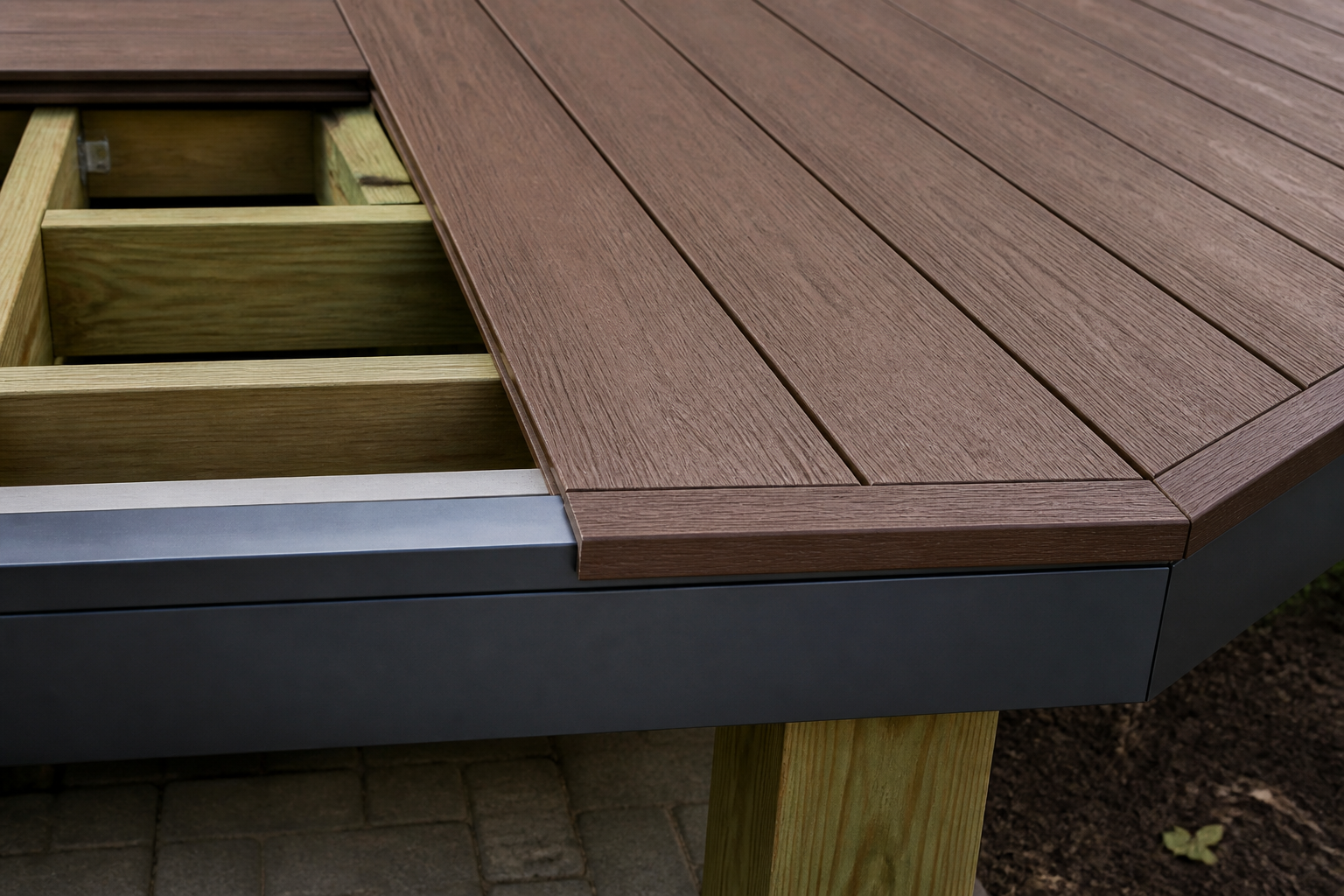 New composite deck surface boards meeting existing structure at a picture-frame border — representative design concept