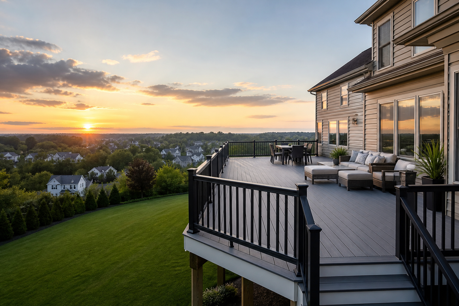 Refreshed composite deck with new surface boards and updated railing on an existing structure — representative design concept