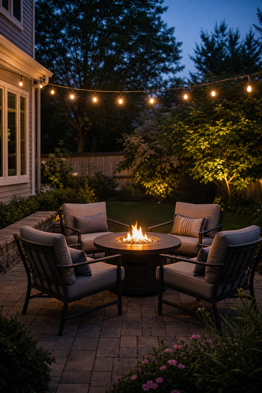 Fire table with seating and string lights at twilight in a Northern New Jersey backyard — representative design concept