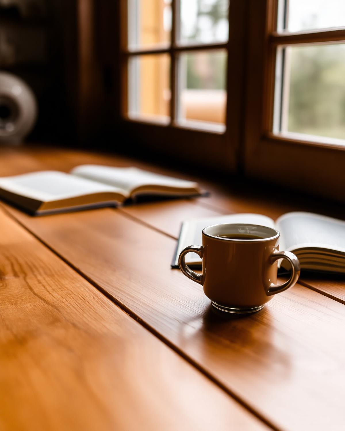 Morning coffee on a warm hardwood deck