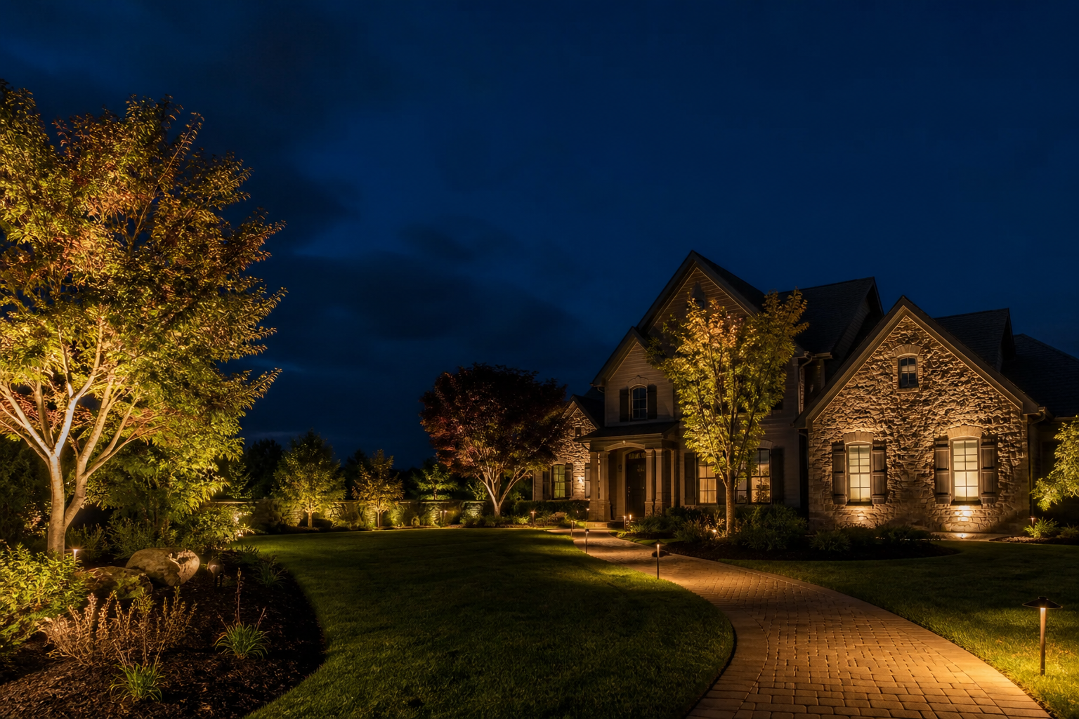 Professionally illuminated home landscape with path lights and tree uplighting at dusk — representative design concept