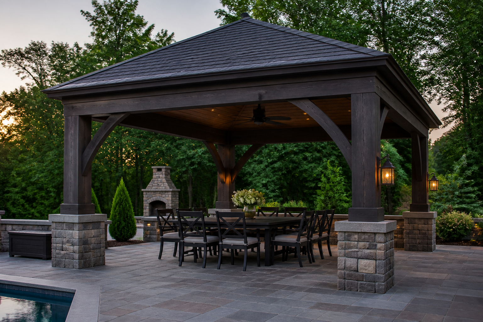 Outdoor pavilion with solid roof, heavy posts, and open sides — representative design concept