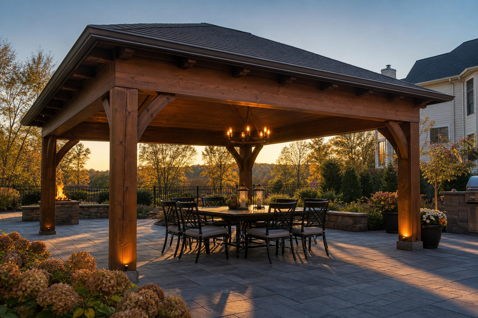 Freestanding outdoor pavilion with solid roof and dining area in a Northern New Jersey backyard — representative design concept