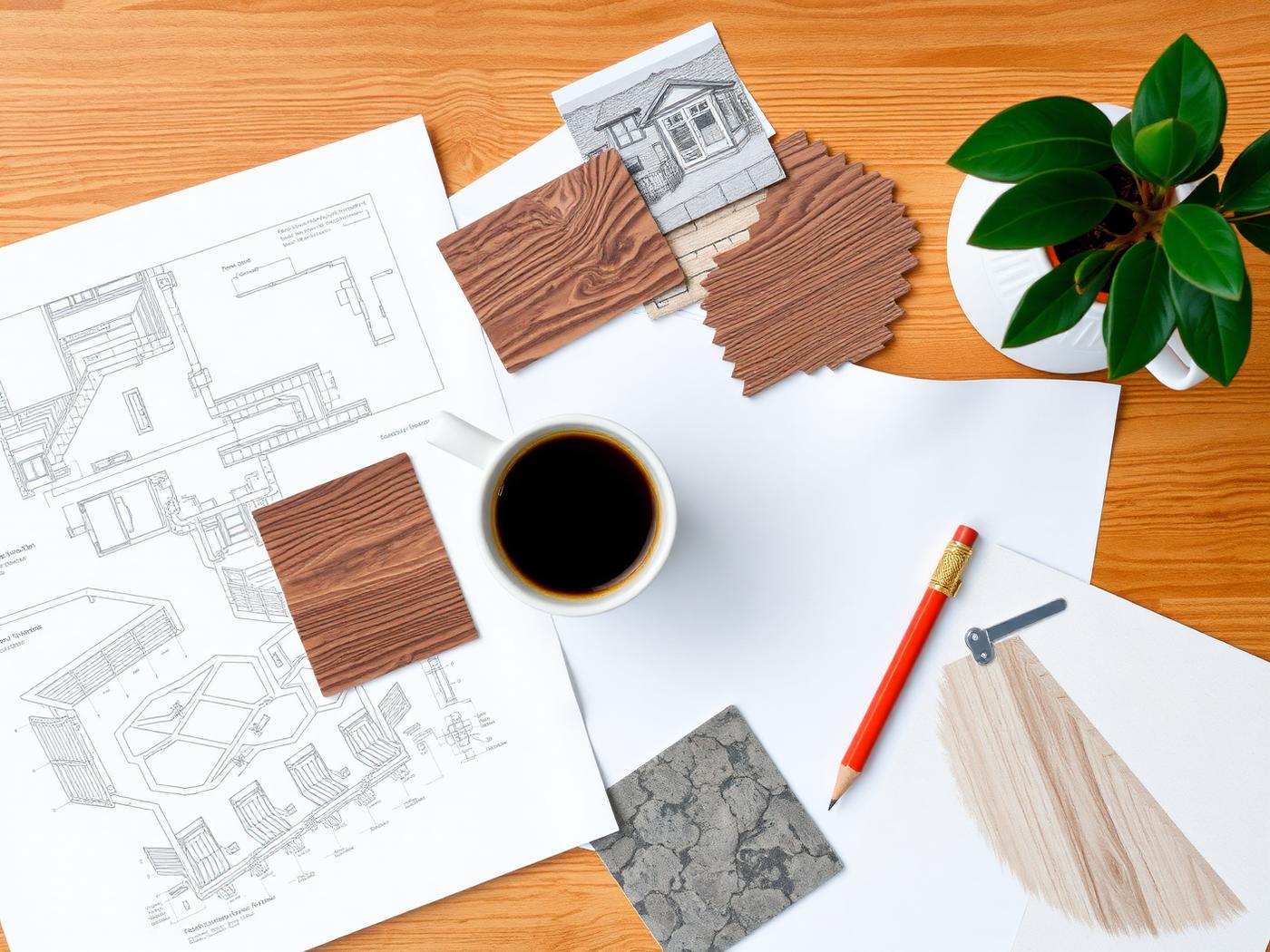 Design materials on a wooden desk