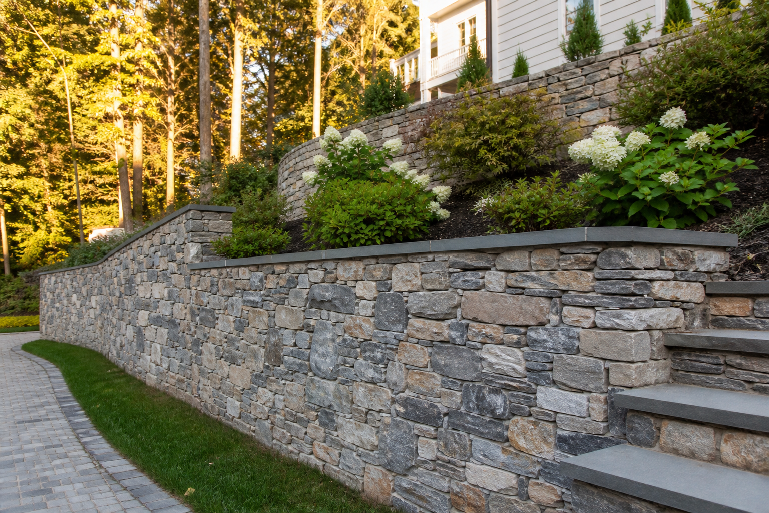 Terraced retaining wall on a sloped landscaped Northern New Jersey property — representative design concept
