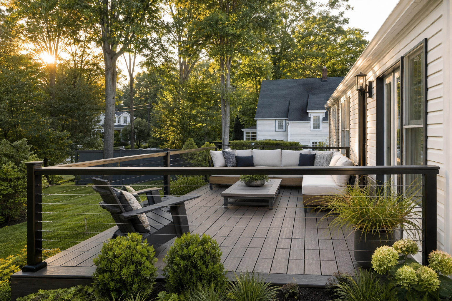 Elevated composite deck with cable railings and outdoor seating beside a landscaped Northern New Jersey home — representative design concept