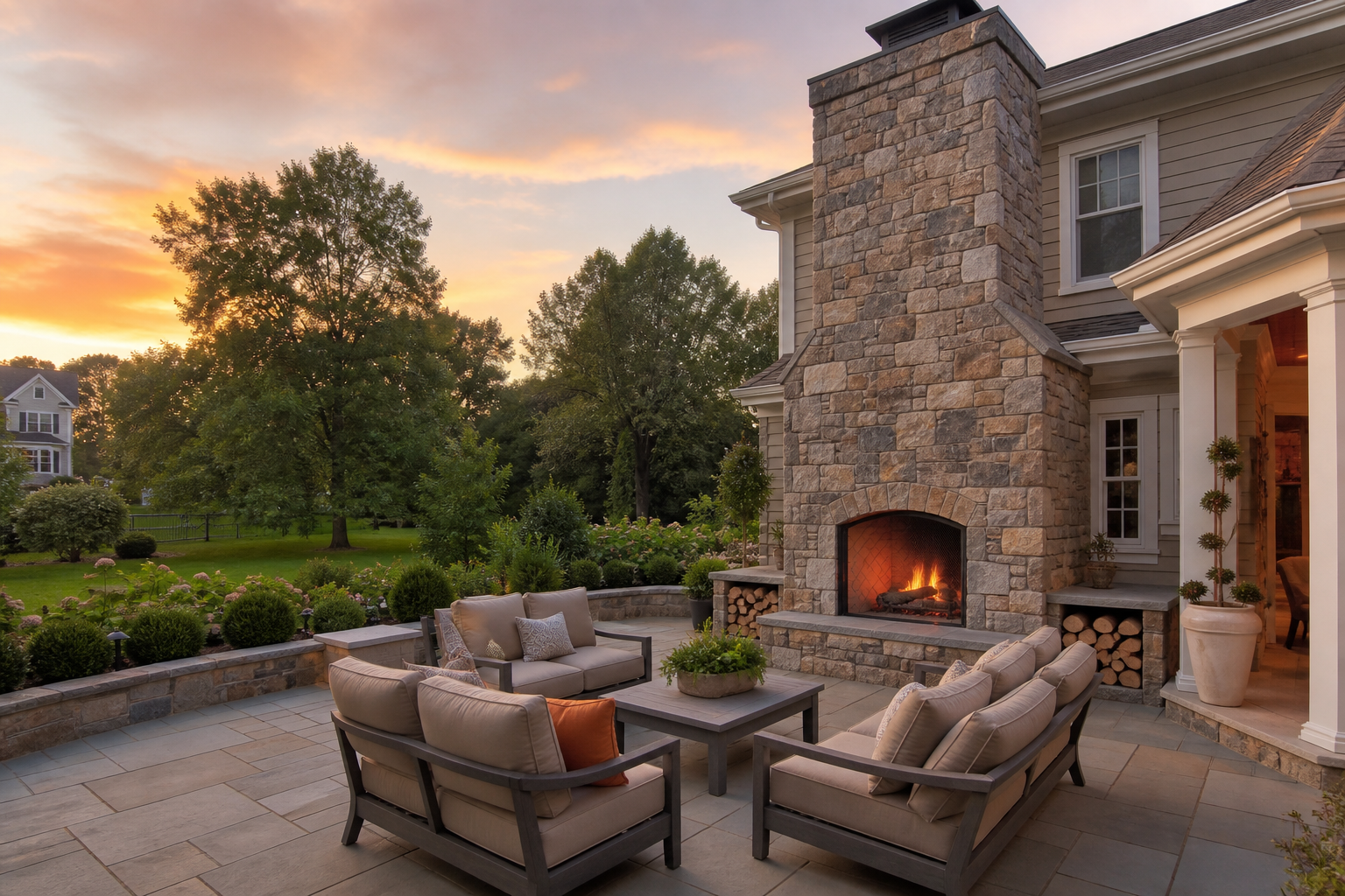Outdoor stone fireplace with premium natural stone veneer at a Northern New Jersey home — representative design concept