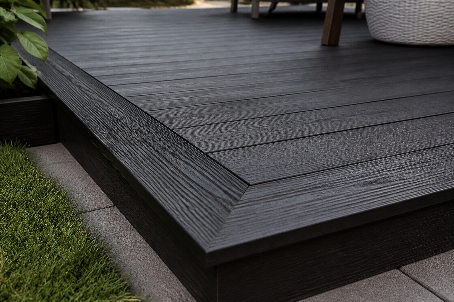 Dark contemporary composite deck board surface and edge detail — representative design concept