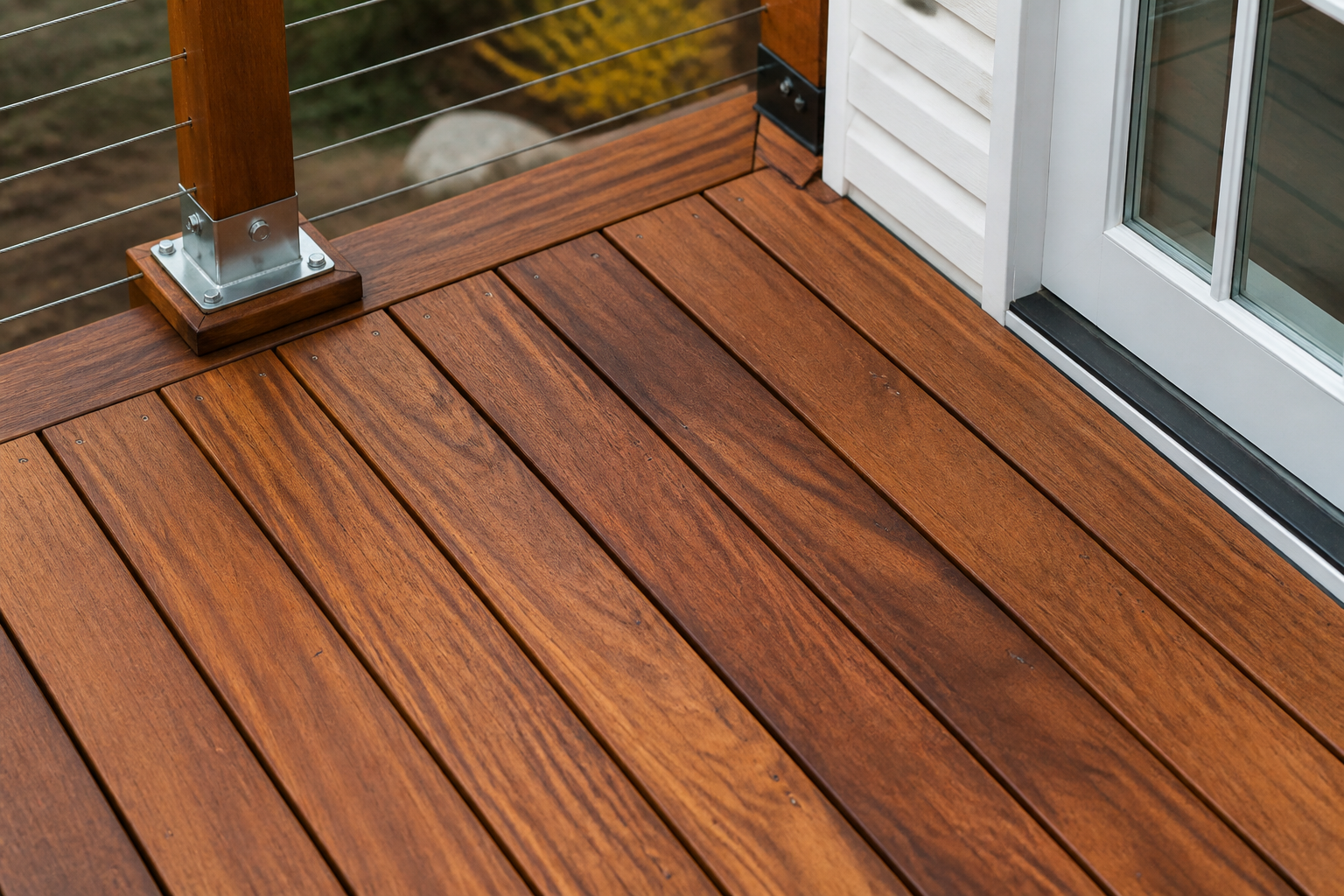 Close-up of natural hardwood deck boards with visible grain and warm tone — representative design concept
