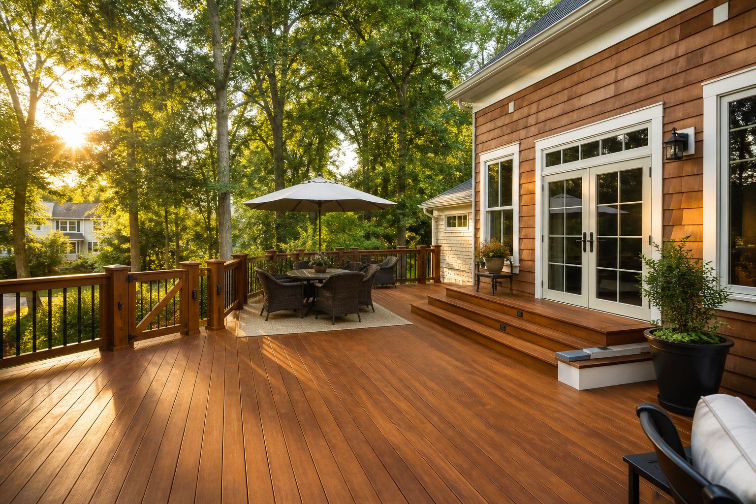 Warm natural cedar deck with wood railing in a mature landscaped Northern New Jersey backyard — representative design concept